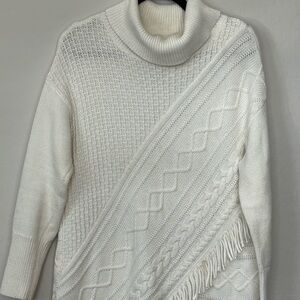 Chicos Sweater Womens Sz 1 (M) White Cable Knit Fringed Cowl Neck Pullover